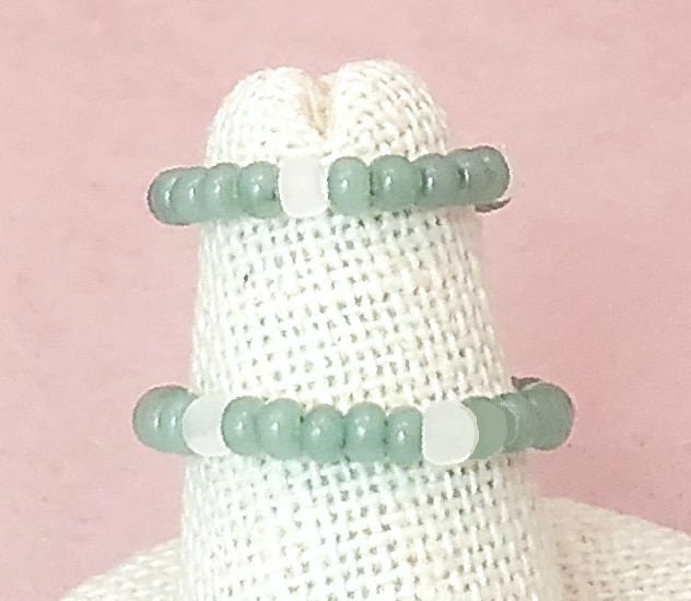 Elastic Rings in Mauve Pink + Clear + Aventurine Green, Set of 2, Simple, Boho, Bohemian, Minimalist, Stackable, Choice of Colors, Group EE