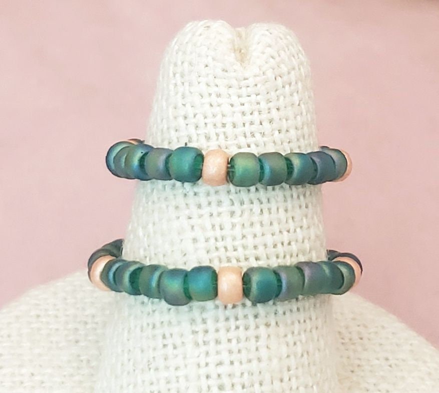 Elastic Rings in Emerald Green + Soft Copper + Blue, Set of 2, Simple, Boho, Bohemian, Minimalist, Stackable, Choice of Colors, Group FF