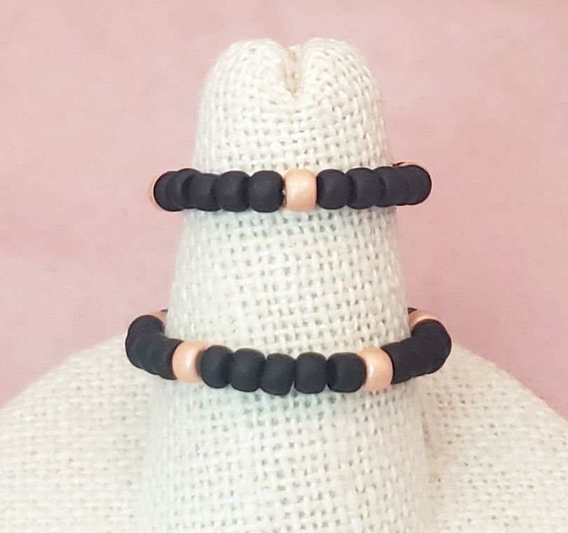 Elastic Rings in Black + Amber Orange + Soft Copper, Set of 2, Simple, Boho, Bohemian, Minimalist, Stackable, Choice of Colors, Group GG