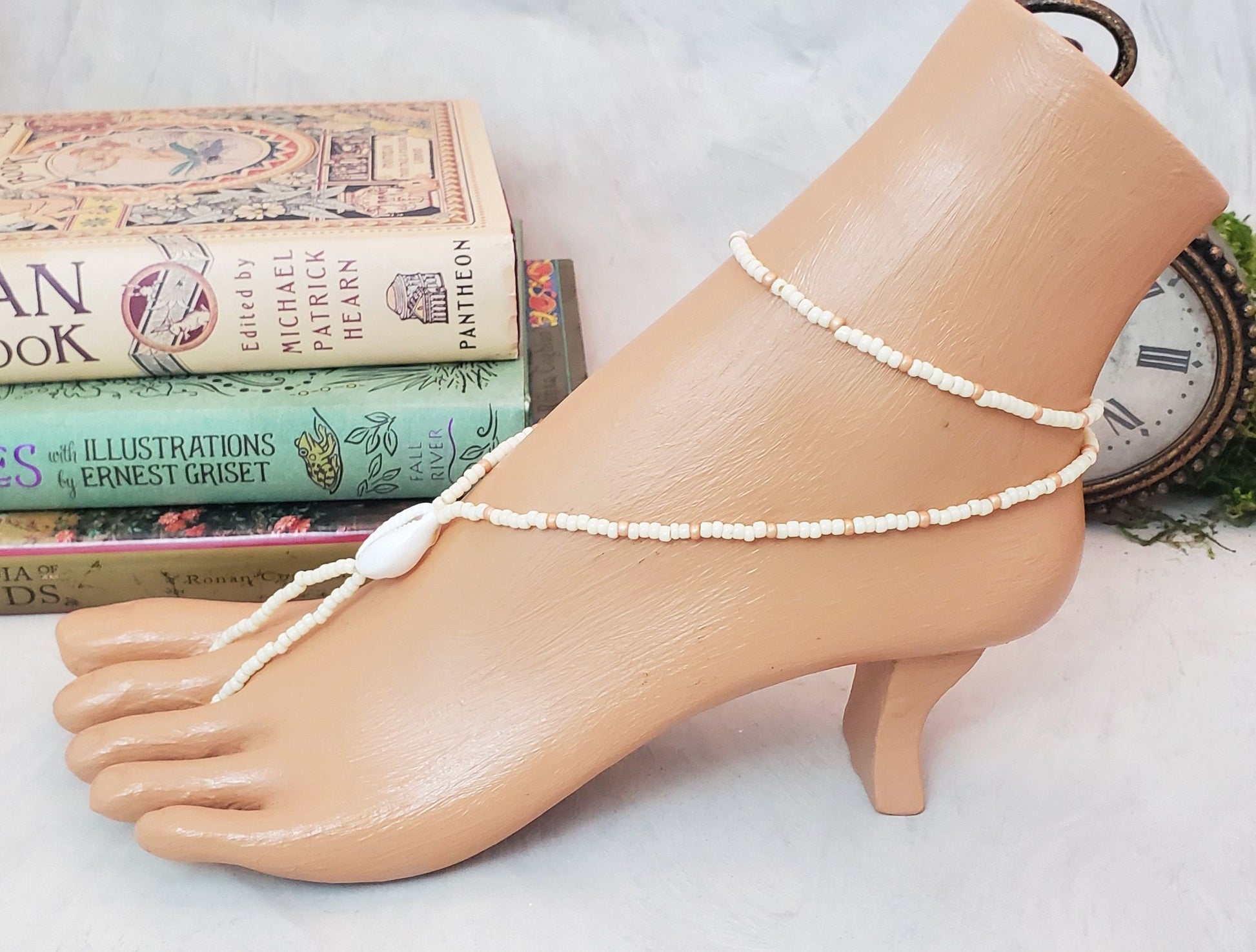 Elastic Beaded Barefoot Sandal or Hand Flower in Opaque White/Ivory + Soft Copper w/Real Shell, Boho, Bohemian, Gypsy, Wedding, Bridesmaid
