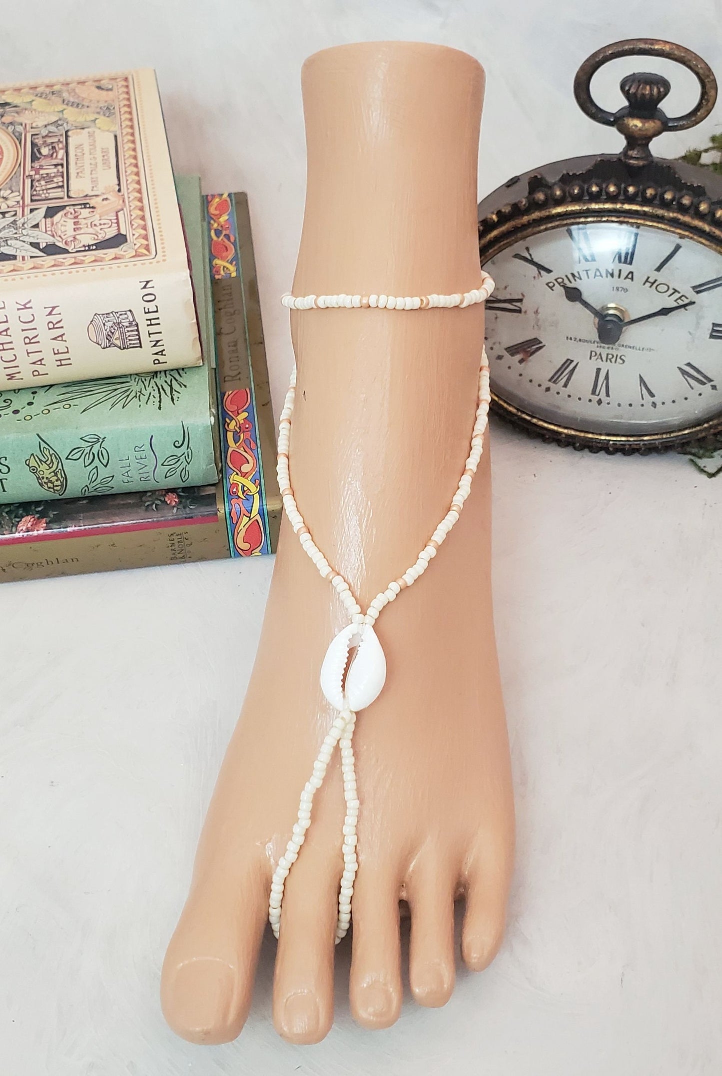 Elastic Beaded Barefoot Sandal or Hand Flower in Opaque White/Ivory + Soft Copper w/Real Shell, Boho, Bohemian, Gypsy, Wedding, Bridesmaid