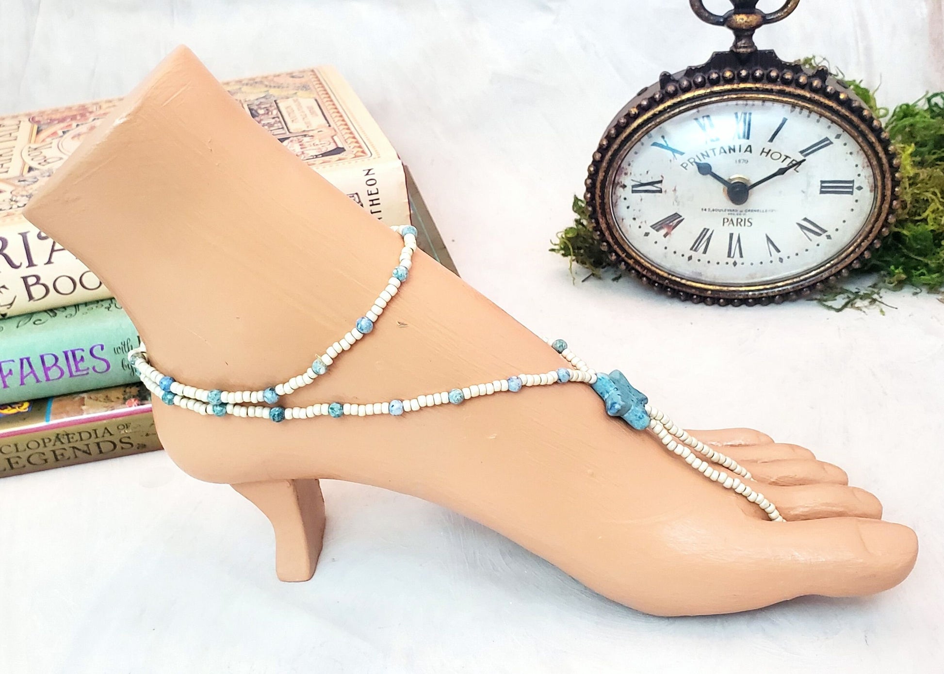 Elastic Beaded Barefoot Sandal or Hand Flower in Opaque White/Ivory + Turquoise Blue with Star, Boho, Bohemian, Gypsy, Wedding, Bridesmaid