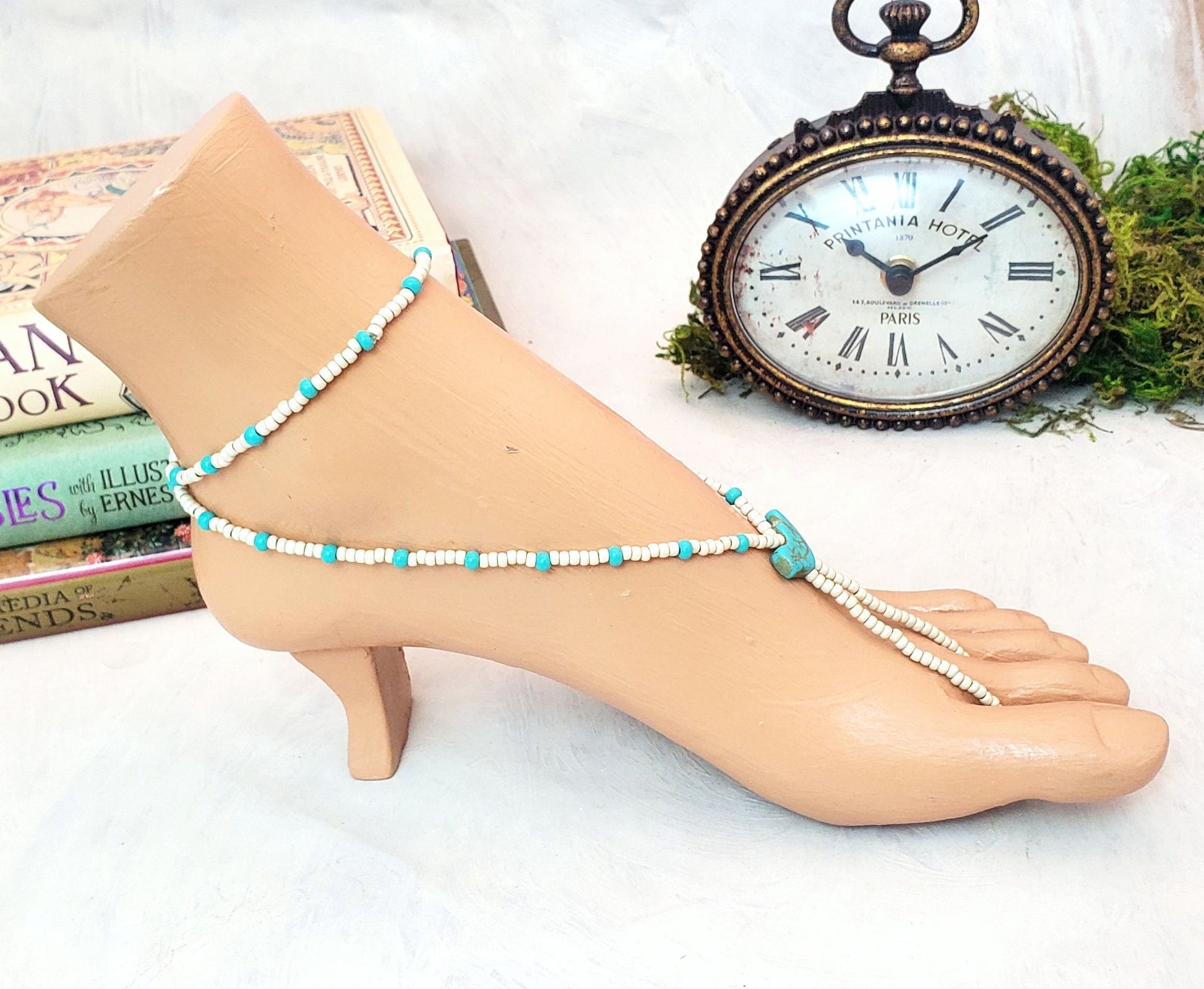 Elastic Beaded Barefoot Sandal or Hand Flower in Opaque White/Ivory + Turquoise Blue with Bird, Boho, Bohemian, Gypsy, Wedding, Bridesmaid