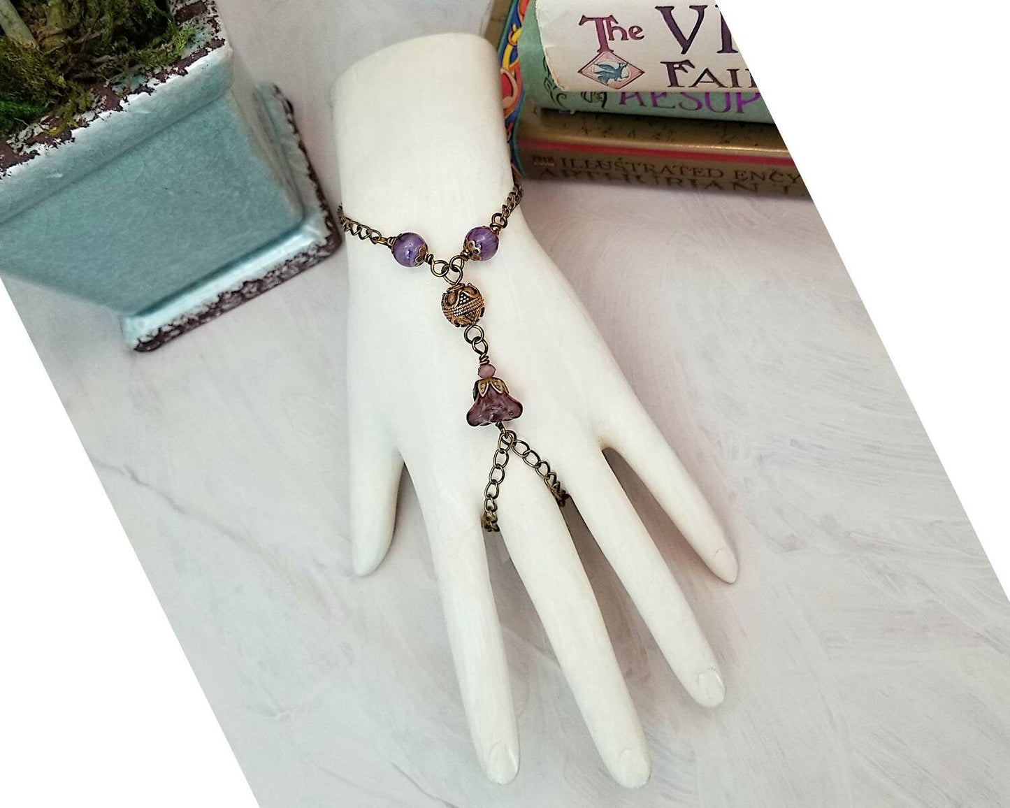 Wire Wrapped Hand Flower Bracelet in Purple, Boho, Bohemian, Gypsy, Wedding, Bridesmaid, Renaissance,Medieval,Choice of Colors and Metals