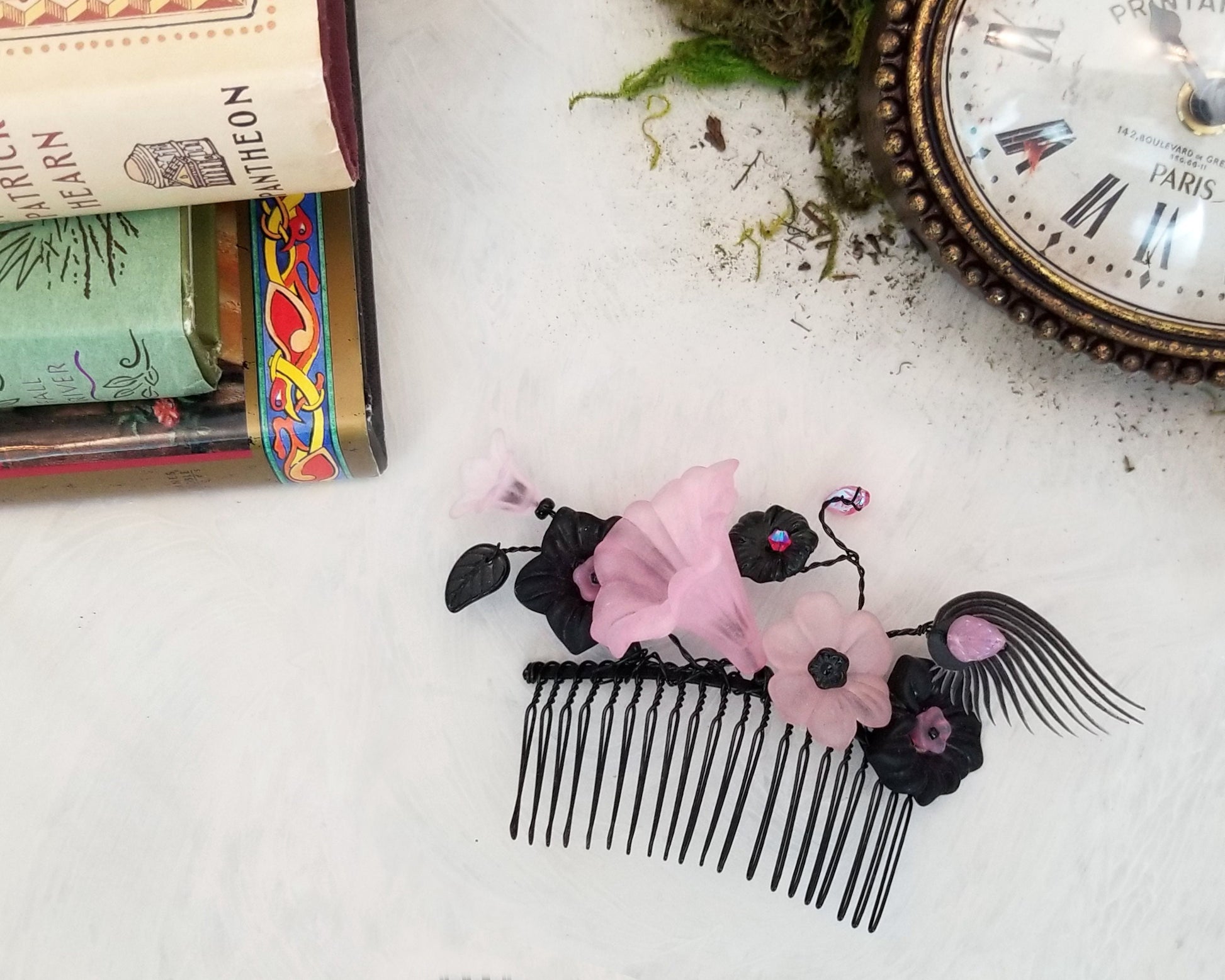 OOAK Handmade Lucite Flower and Wire Comb in Pink and Black, Garden, Party, Floral