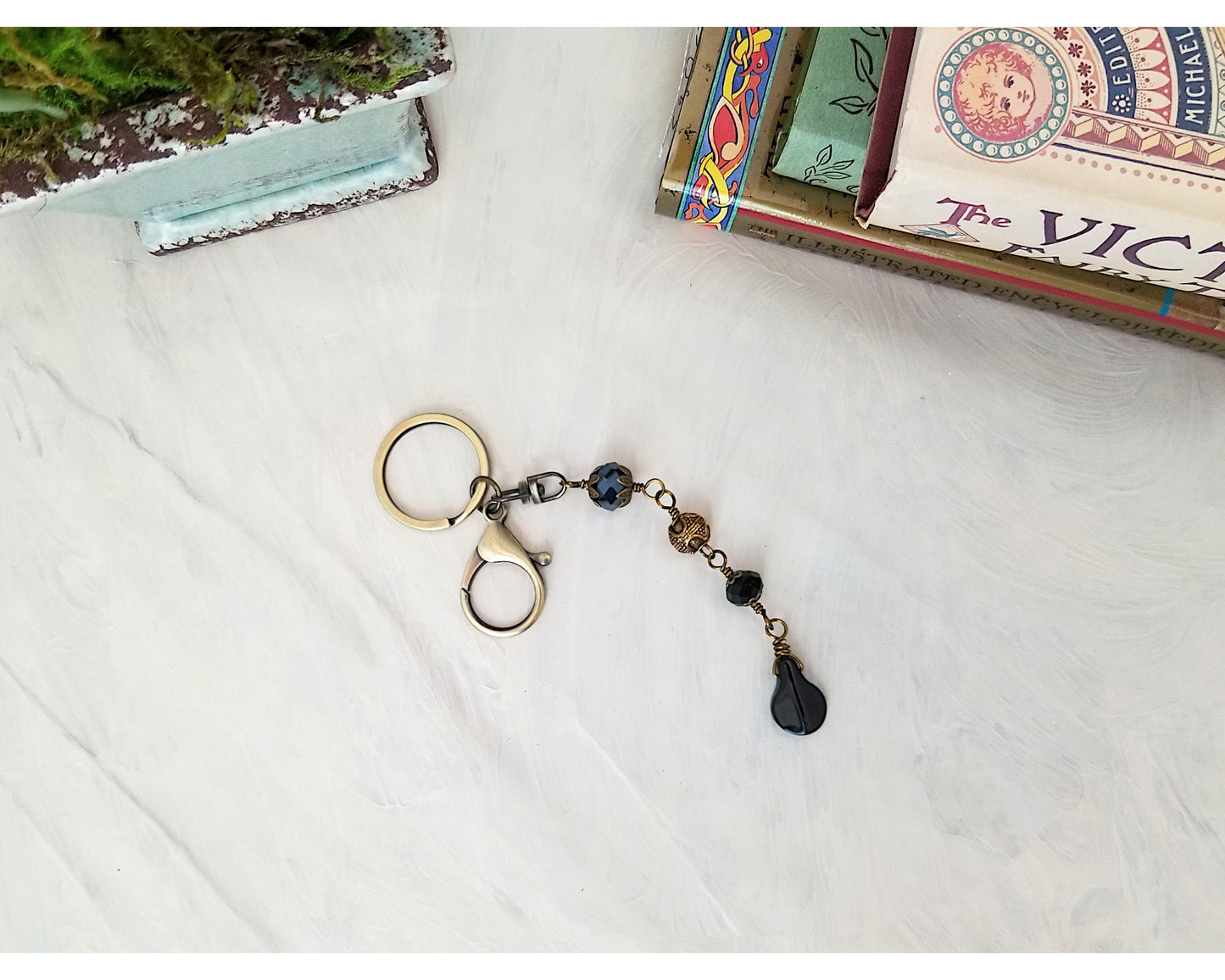 Key Ring with Wire Wrapped Fob in Black, Garden, Party, Renaissance, Medieval, Fairytale, Choice of Colors and Metals