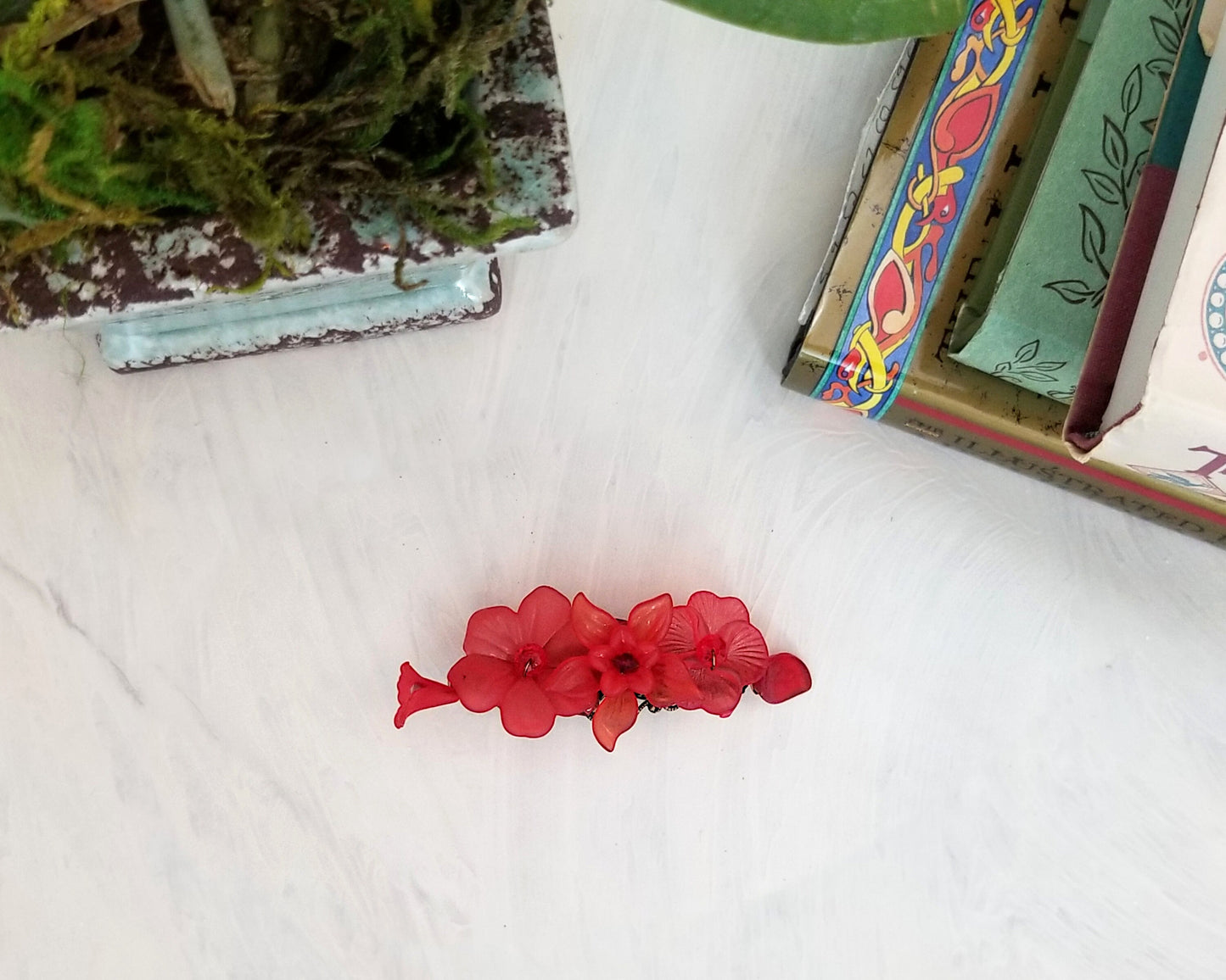 Wire Wrapped Lucite Flower Barrette in Red, Bridesmaid, Wedding, Floral, Garden, Boho, Bohemian, Choice of Colors and Metals