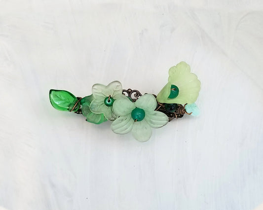 Wire Wrapped Lucite Flower Barrette in Green, Bridesmaid, Wedding, Floral, Garden, Boho, Bohemian, Choice of Colors and Metals