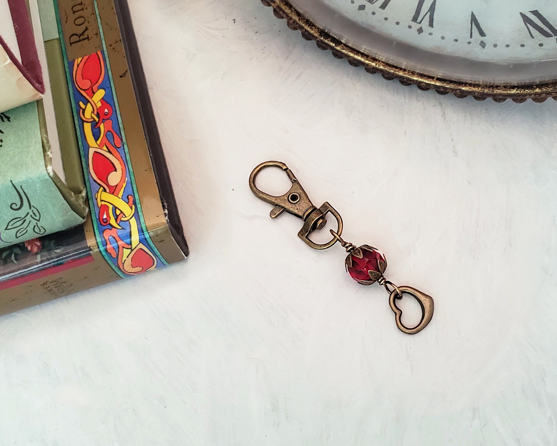 Wire Wrapped Clip or Purse Charm in Antique Bronze, Red with Heart Charm, Cellphone Charm, Choice of Colors and Metals