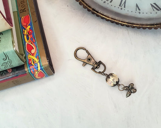 Wire Wrapped Clip or Purse Charm in Antique Bronze, Light Yellow with Butterfly Charm, Cellphone Charm, Choice of Colors and Metals