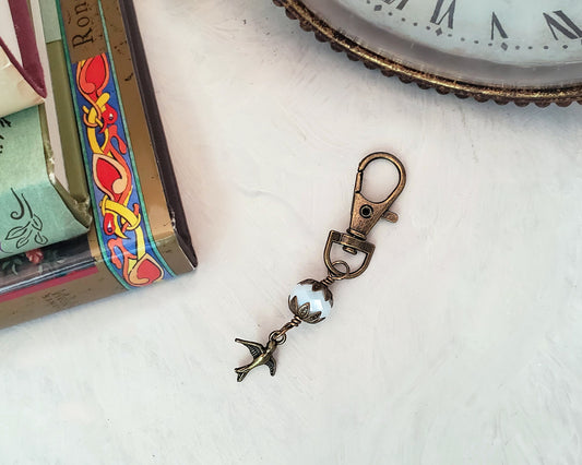 Wire Wrapped Clip or Purse Charm in Antique Bronze, Opaque White with Bird Charm, Cellphone Charm, Choice of Colors and Metals