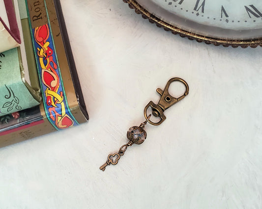 Wire Wrapped Clip or Purse Charm in Antique Bronze, Champagne with Key Charm, Cellphone Charm, Choice of Colors and Metals