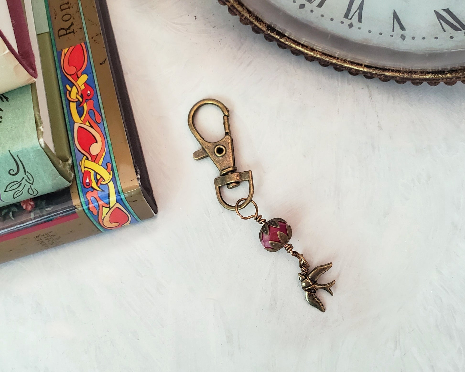 Wire Wrapped Clip or Purse Charm in Antique Bronze, Pink with Bird Charm, Cellphone Charm, Choice of Colors and Metals