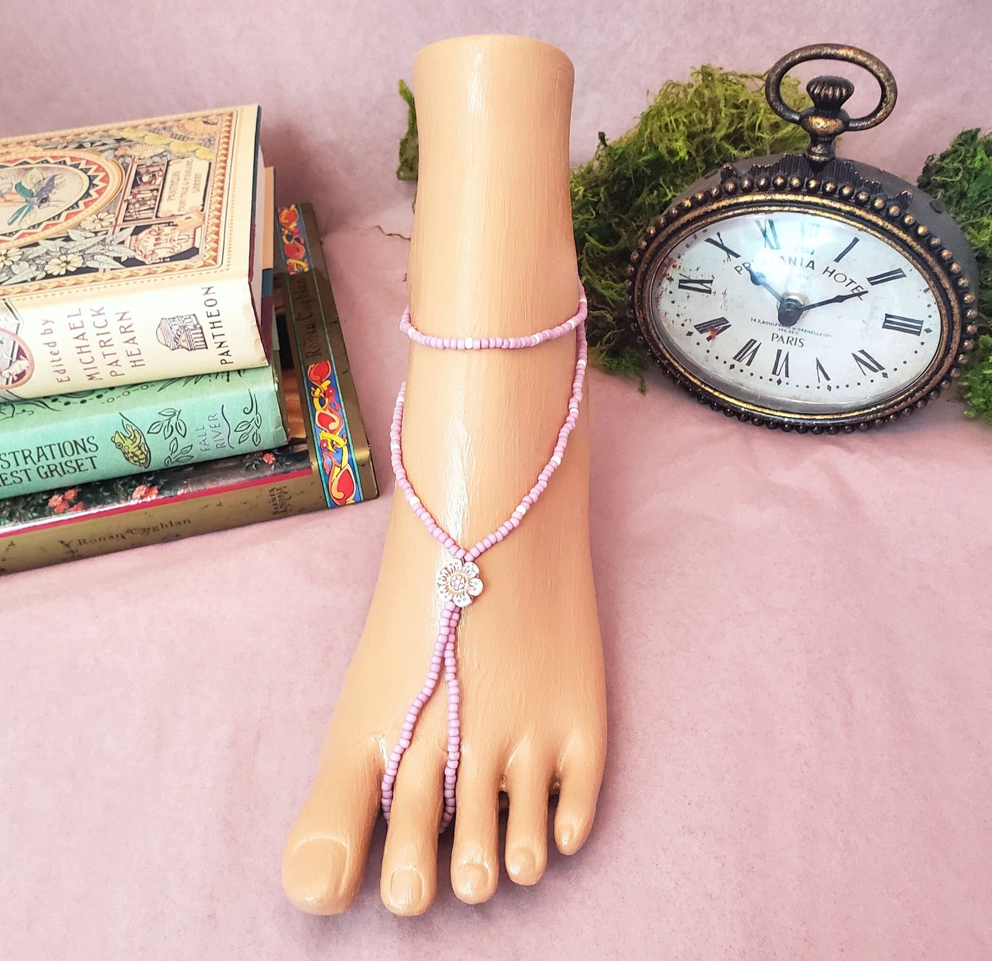 Elastic Beaded Barefoot Sandal or Hand Flower in Plumeria Pink + White, Boho, Bohemian, Gypsy, Wedding, Bridesmaid, Matte Beads