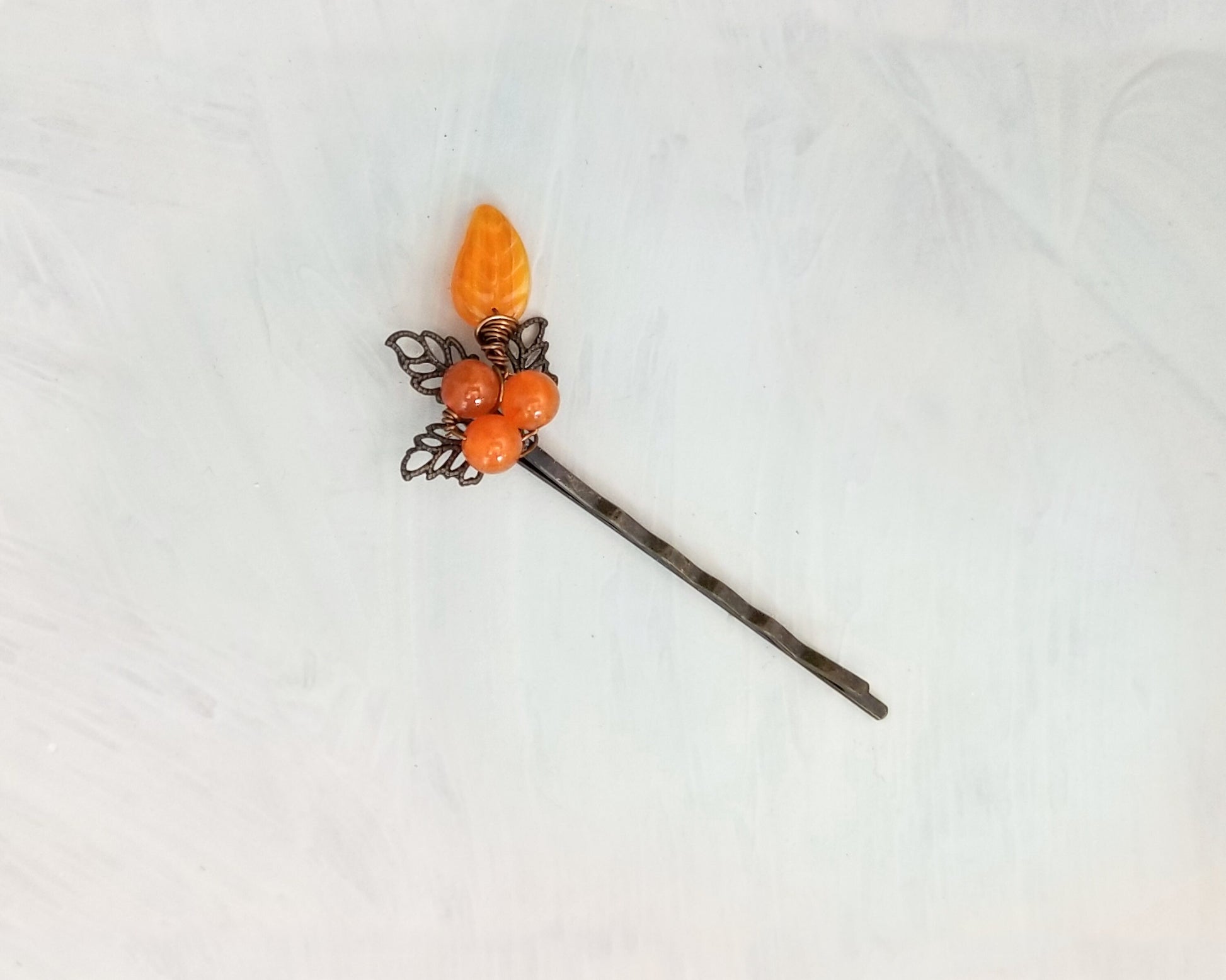 Wire Wrapped Beaded Bobby Pin / Hair Pin in Orange, Bridesmaid, Wedding, Floral, Garden, Party, Boho, Bohemian, Choice of Colors and Metals