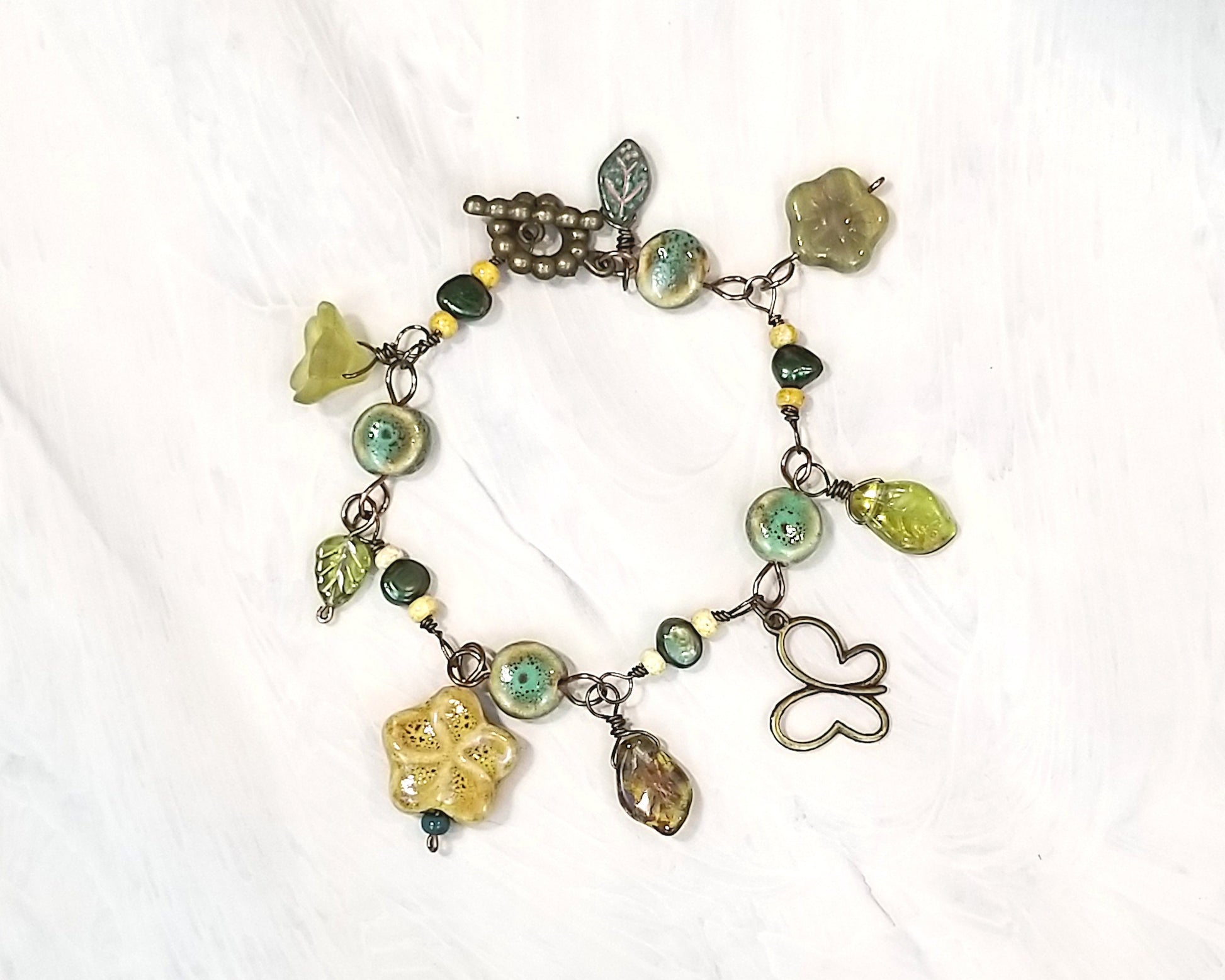 Forest Bracelet in Green and Amber with Ceramic and Glass Beads Adjustable Length