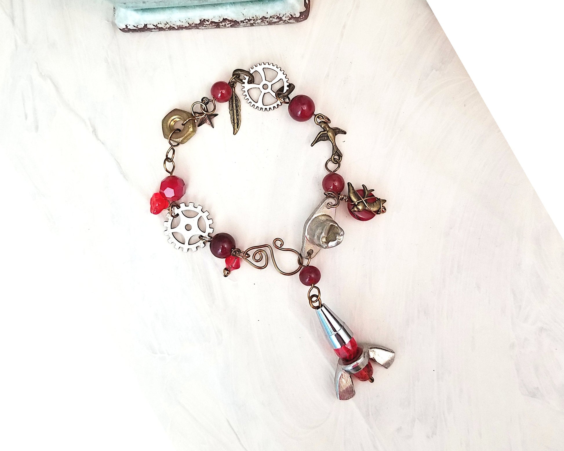 Steampunk Industrial Rocket Bracelet in Red with Glass Beads and Real Hardware