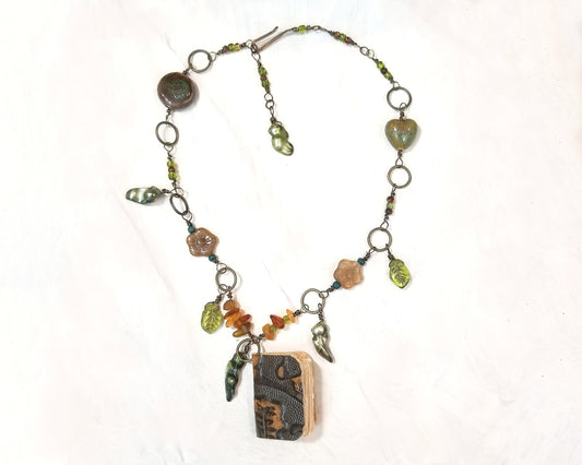 Mini-book Necklace in Green and Brown with Glass Beads, Pearls and Metal Charms, Adjustable Length
