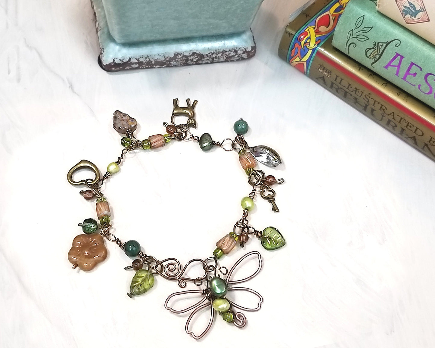 Forest Dragonfly Bracelet in Green and Brown with Glass Beads, Pearls and Metal Charms, Adjustable Length