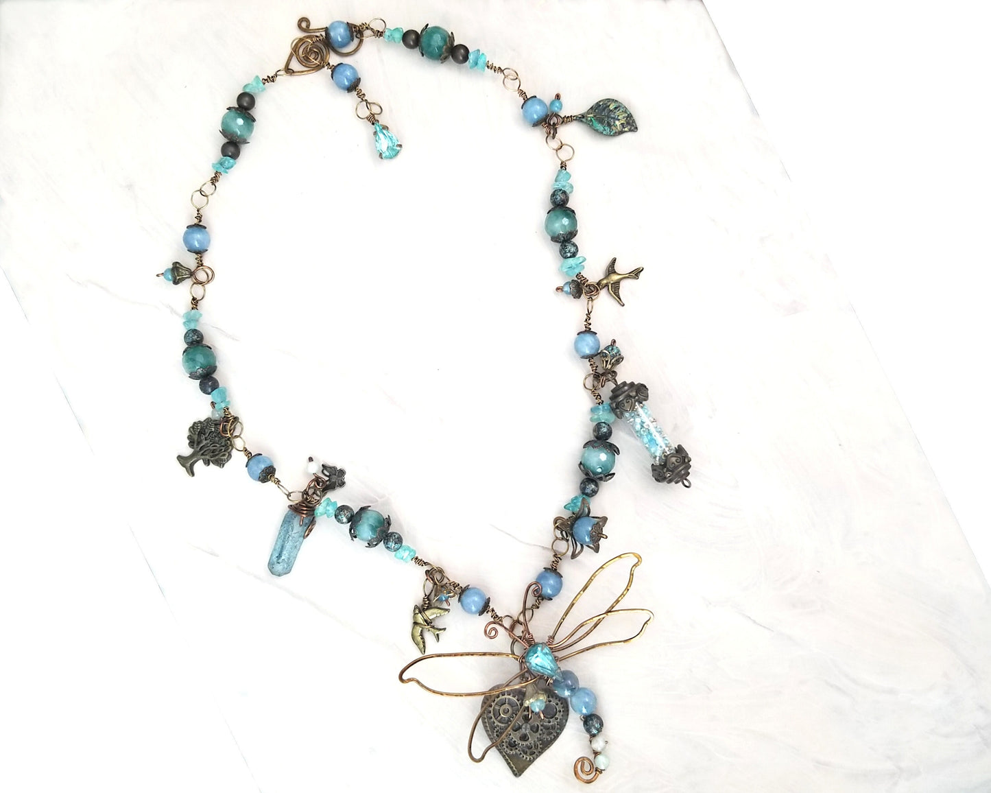 Fairytale Forest Dragonfly Necklace in Teal Renaissance Adjustable Length Fantasy Woodland #1346