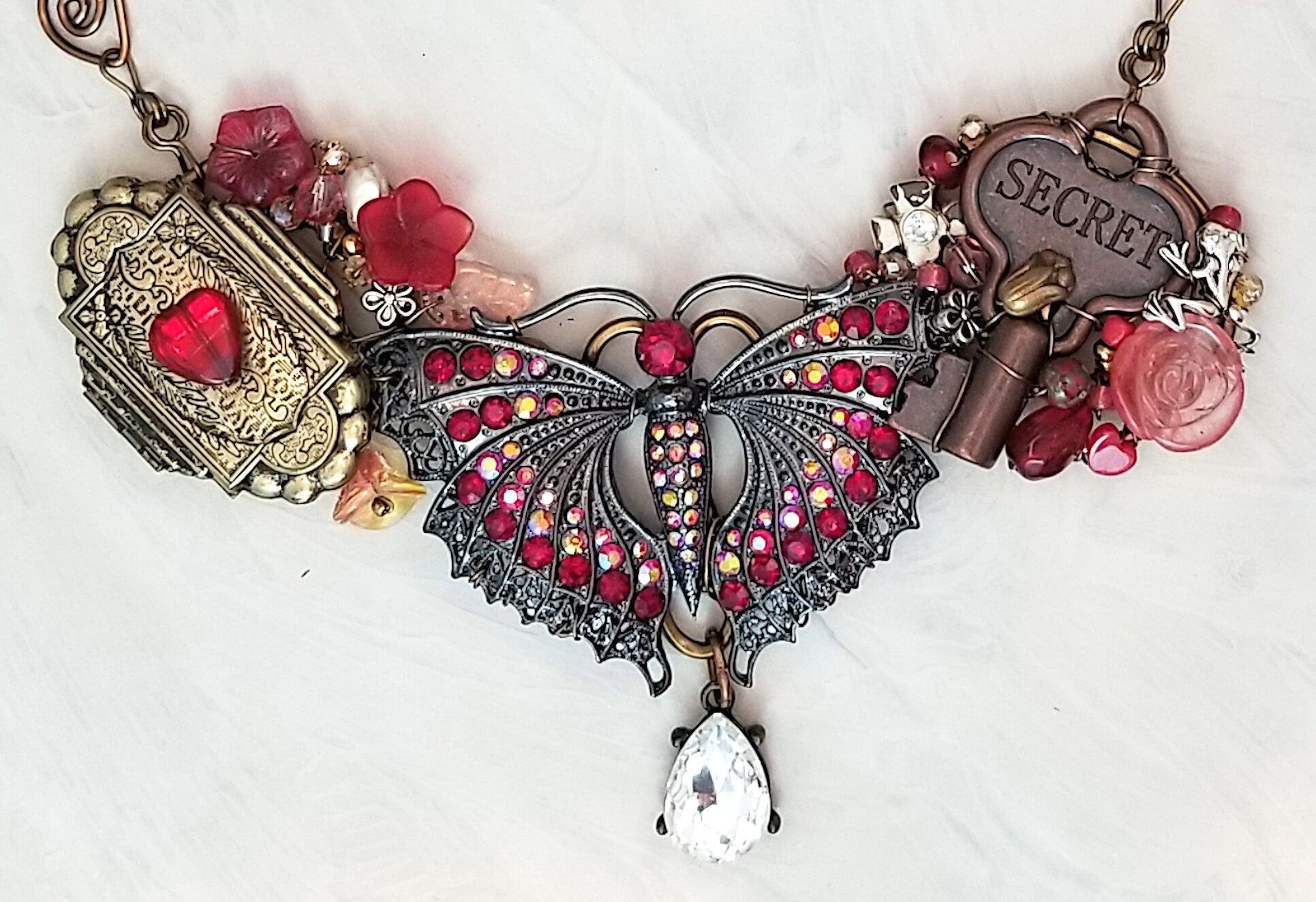 Secret Heart Flower Garden Bib Statement Necklace with Red Butterfly, Locket, Adjustable Length