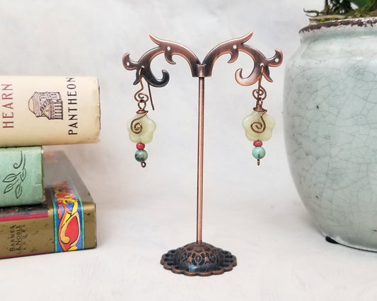 Glass Flower Earrings in Celery Green, Boho, Bohemian, OOAK Handmade