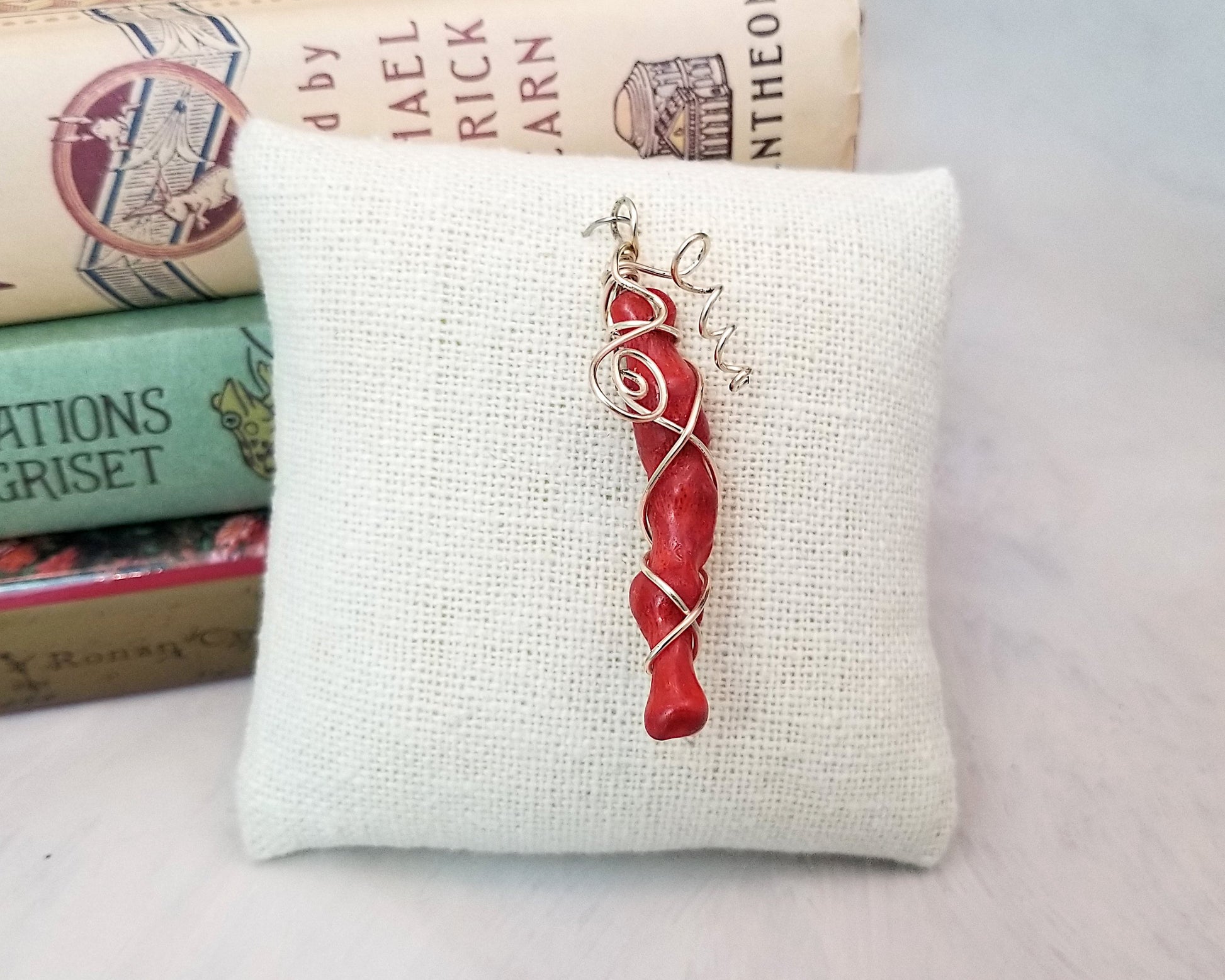 Red Coral Stick Pendant or Necklace Wrapped With Silver Color Wire, Beach, Tropical, Boho, Bohemian, One of a Kind, Handmade