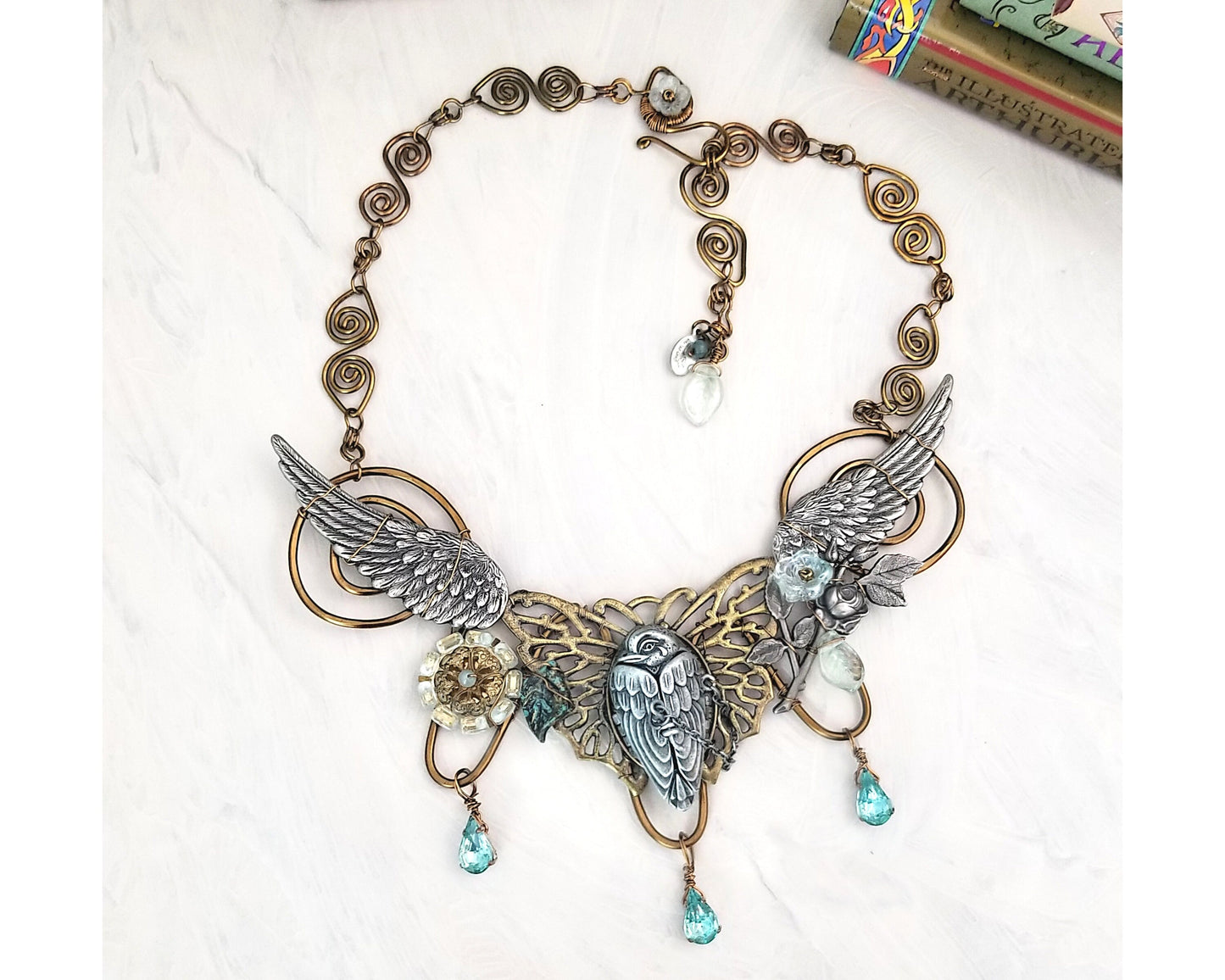 Raven Secret Heart Bib Statement Necklace in Teal/Sky/Aqua, Wings, Floral, Adjustable Length