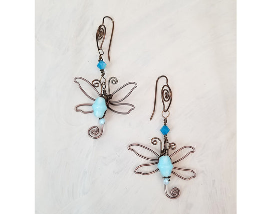Wire Dragonfly Earrings in Aqua Blue with Handmade Ear Wires, Boho, Bohemian, Fantasy, Party, Fairytale, Garden, OOAK