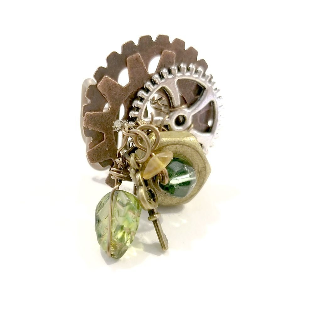 Steampunk Leaf and Key Dangle Ring with Handmade Adjustable Wire Shank