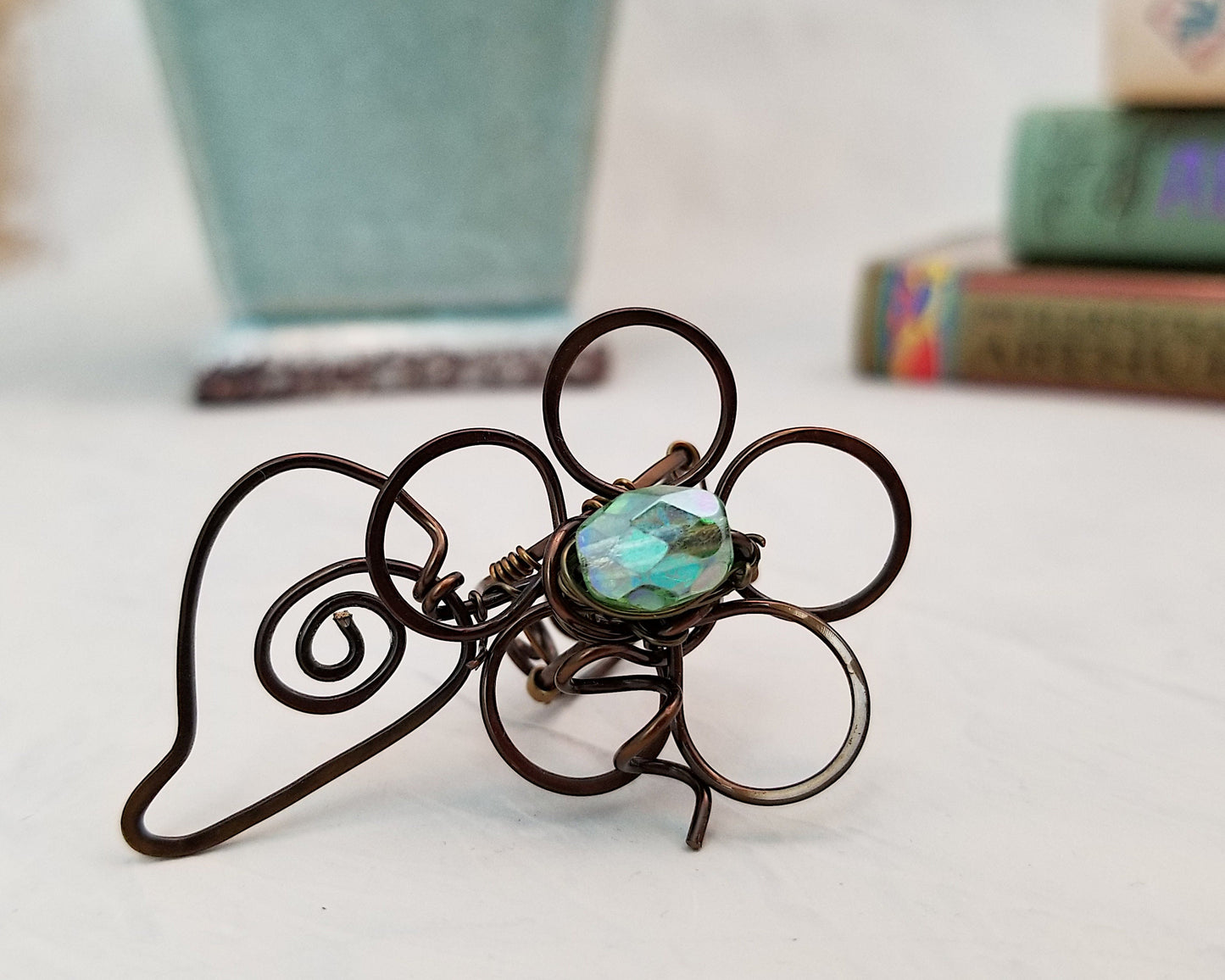 Statement Ring with Hammered Wire Flower and Leaf Boho Style OOAK Handmade Green Adjustable
