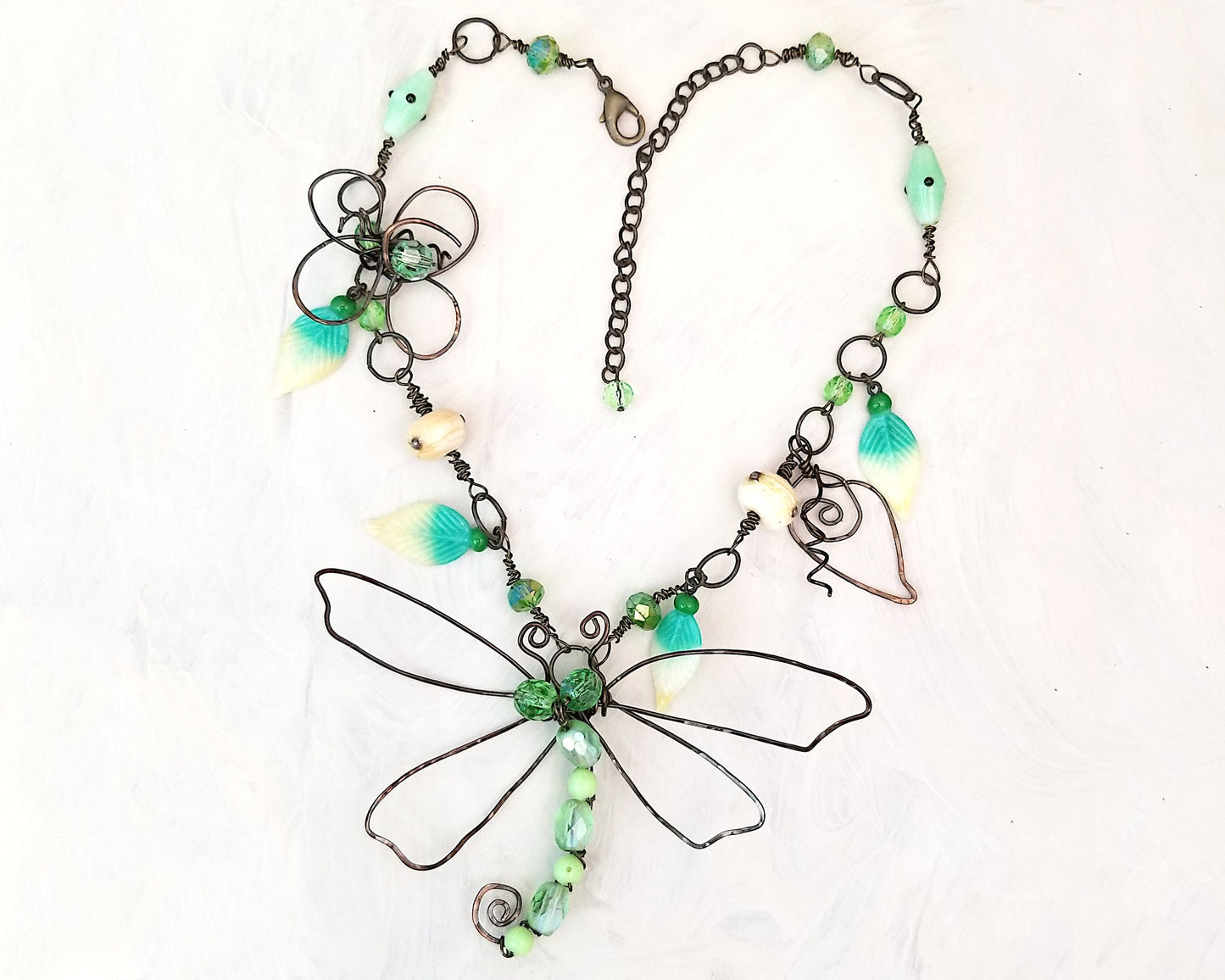 Fantasy Wire Dragonfly Necklace with Vintage Green Glass Beads, Garden, Party, Adjustable Length