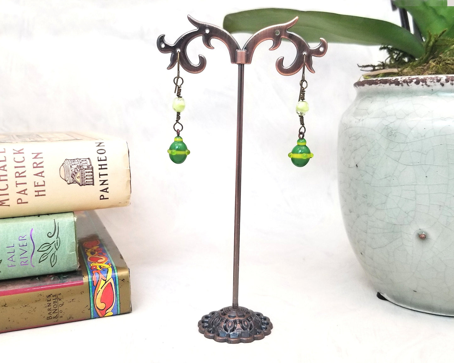 Upcycled Earrings with Vintage Lampwork Glass Beads Boho Style OOAK Handmade Green