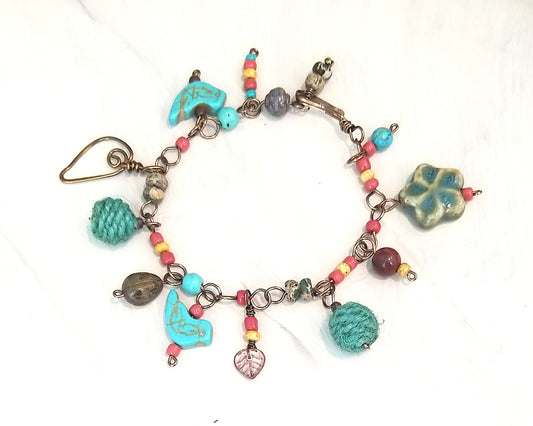 Magnesite Turquoise Sky Blue Wire Wrapped Bracelet with Birds, Adjustable Length