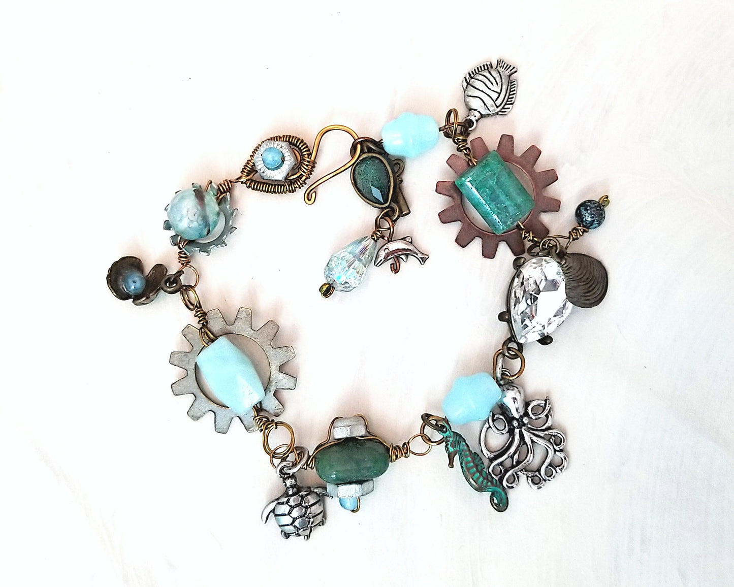 Steampunk Octopus Bracelet in Aqua/Teal/Sea Blue with Glass & Stone Beads and Real Hardware