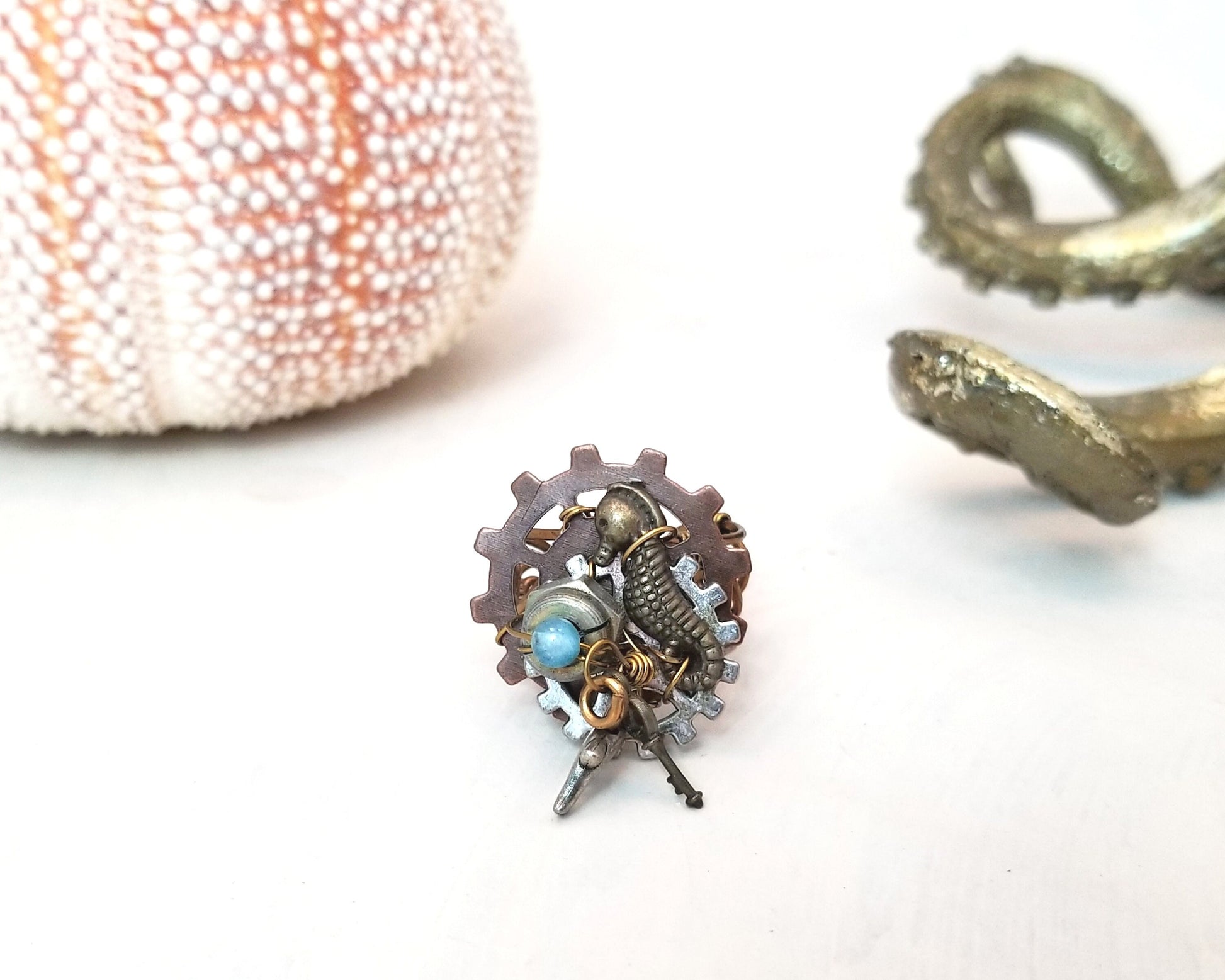 Steampunk Ring with Seahorse, Dolphin, Blue Accents and Real Hardware Adjustable #1353