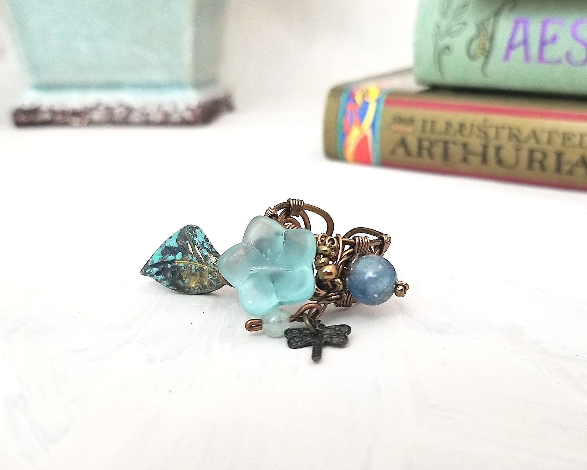 Fairytale Forest Fantasy Floral Ring in Teal/Aqua/Sky Blue Renaissance Adjustable Wire #1349