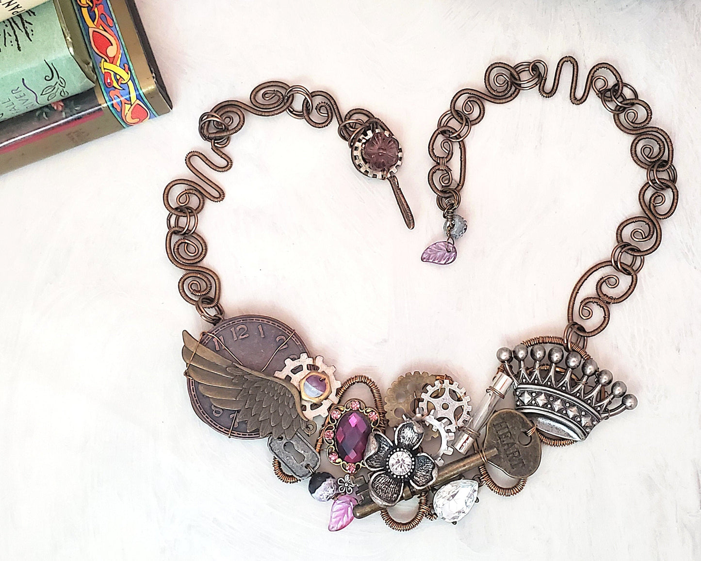 Steampunk Crown and Heart Key Bib Statement Necklace in Purple, Wing, Clock, Gears, Adjustable Length