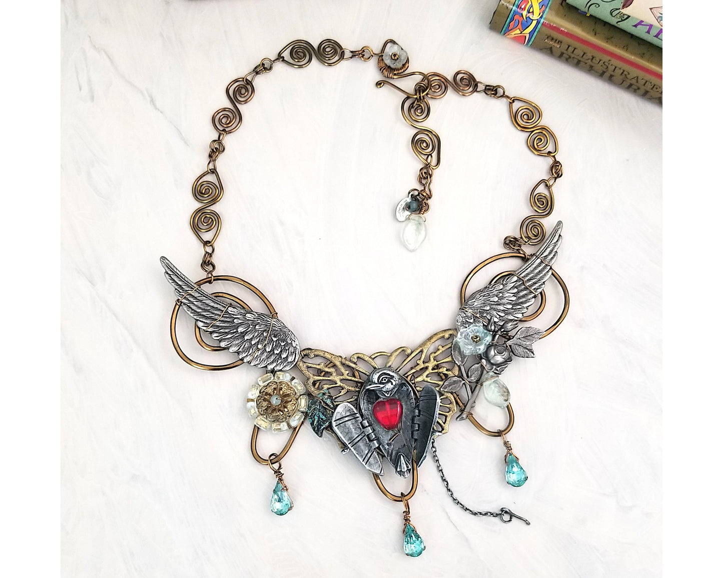 Raven Secret Heart Bib Statement Necklace in Teal/Sky/Aqua, Wings, Floral, Adjustable Length