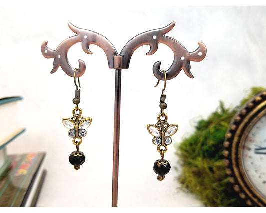 Rhinestone Butterfly Earrings in Black, Wedding, Bridesmaid, Garden, Art Nouveau, Belle Époque, Renaissance, Garden, Choice of Colors Metals