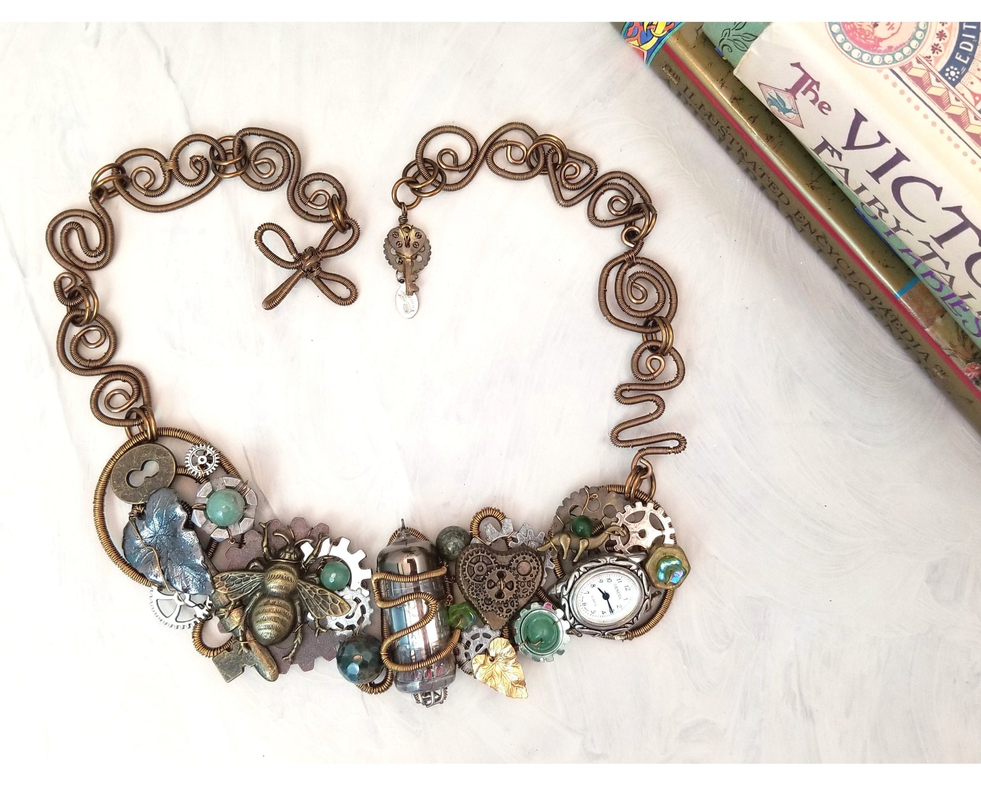 Steampunk Forest Bee Bib Statement Necklace in Green, Vacuum Tube, Watch + Gears, Adjustable Length