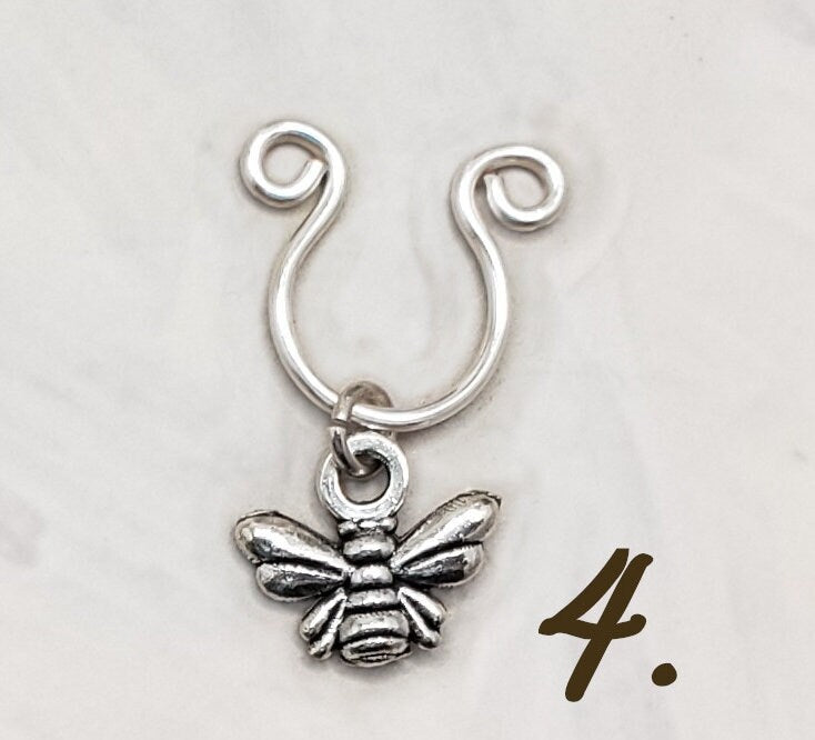 Nose Septum Ring Cuff with Dangle, Sterling Silver or Plated, FAKE, No Piercing, Adjustable, Unisex, Star Turtle Bee Flower Heart Feather