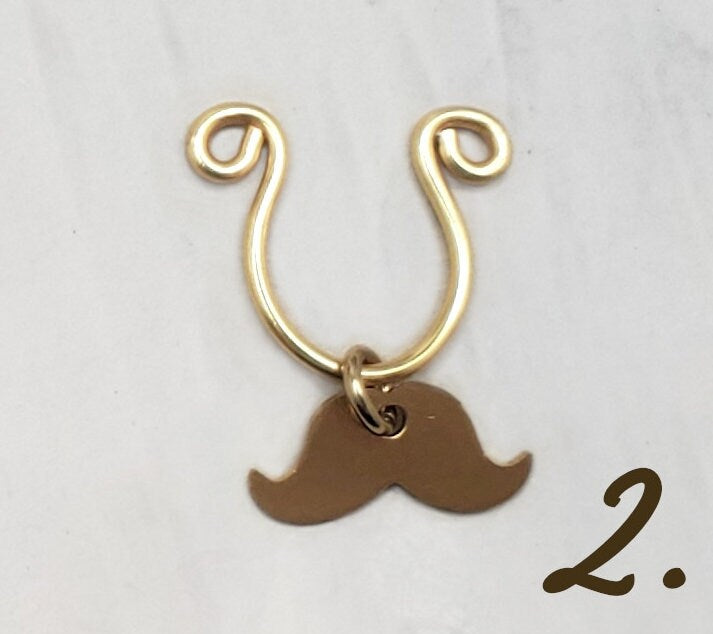Nose Septum Ring Cuff with Dangle, 14K Gold Filled or Plated, FAKE, No Piercing, Adjustable Unisex, Choice of Charms Moustache Sun Dragonfly