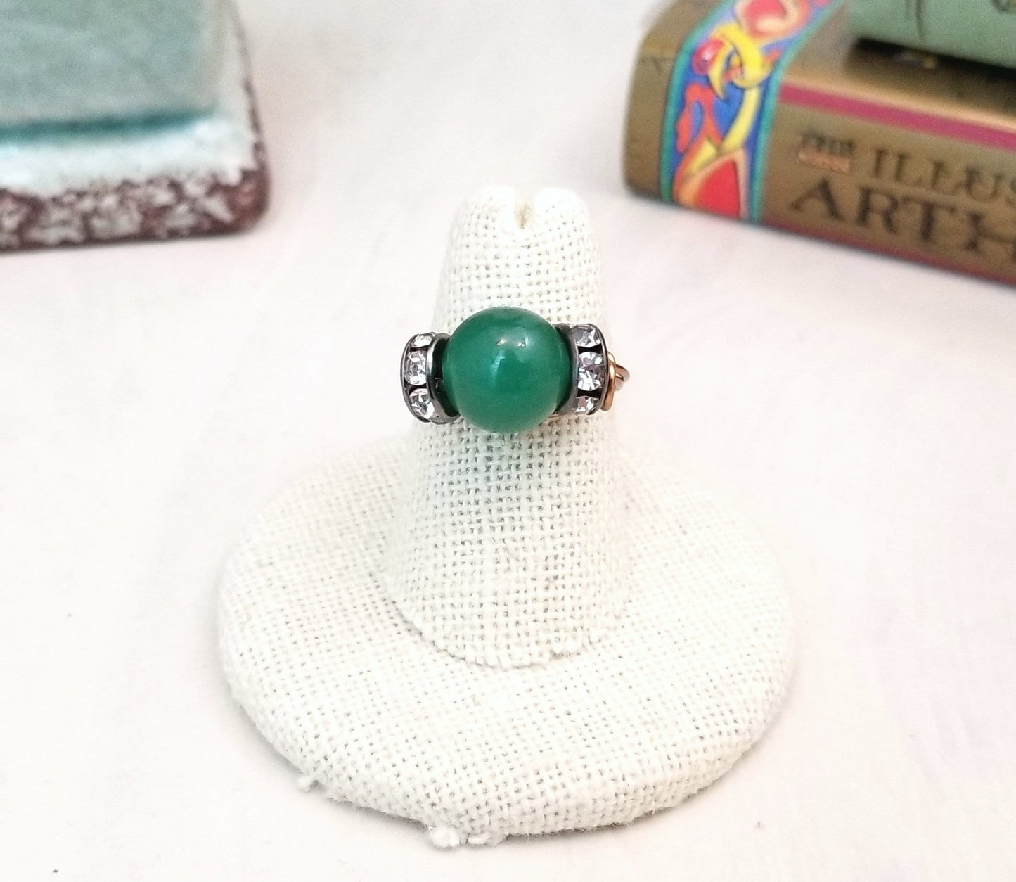 Wire Ring in Green Jade with Rhinestones, Fairy Tale, Renaissance, Medieval, Choice of Colors and Metals