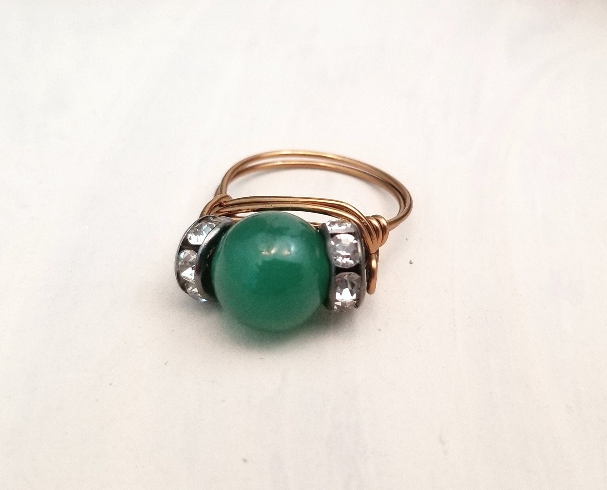 Wire Ring in Green Jade with Rhinestones, Fairy Tale, Renaissance, Medieval, Choice of Colors and Metals