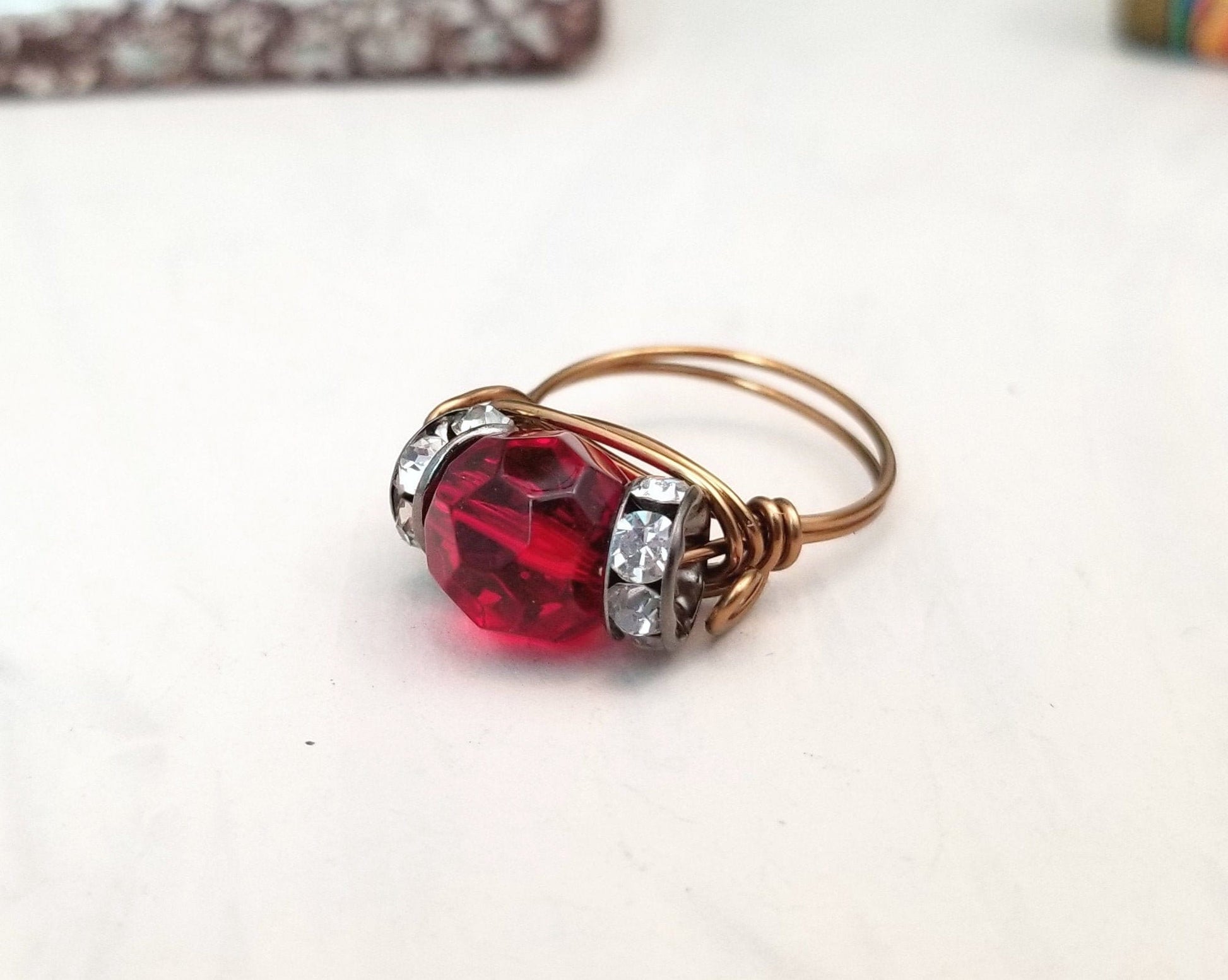 Wire Ring in Red with Rhinestones, Fairy Tale, Renaissance, Medieval, Choice of Colors and Metals