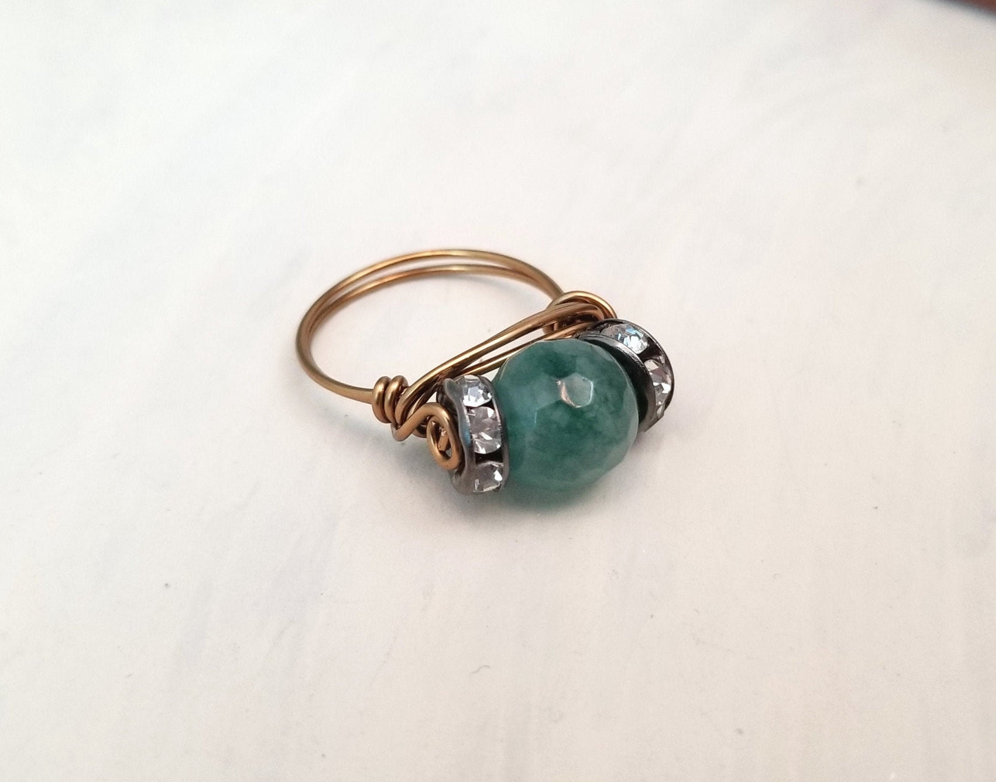 Wire Ring in Teal Blue-Green Agate with Rhinestones, Fairy Tale, Renaissance, Medieval, Choice of Colors and Metals