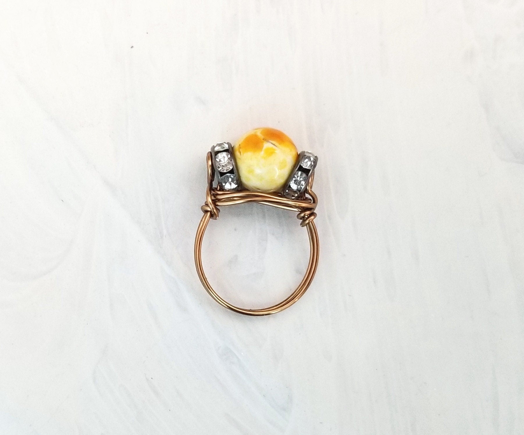 Wire Ring in Yellow Agate with Rhinestones, Fairy Tale, Renaissance, Medieval, Choice of Colors and Metals