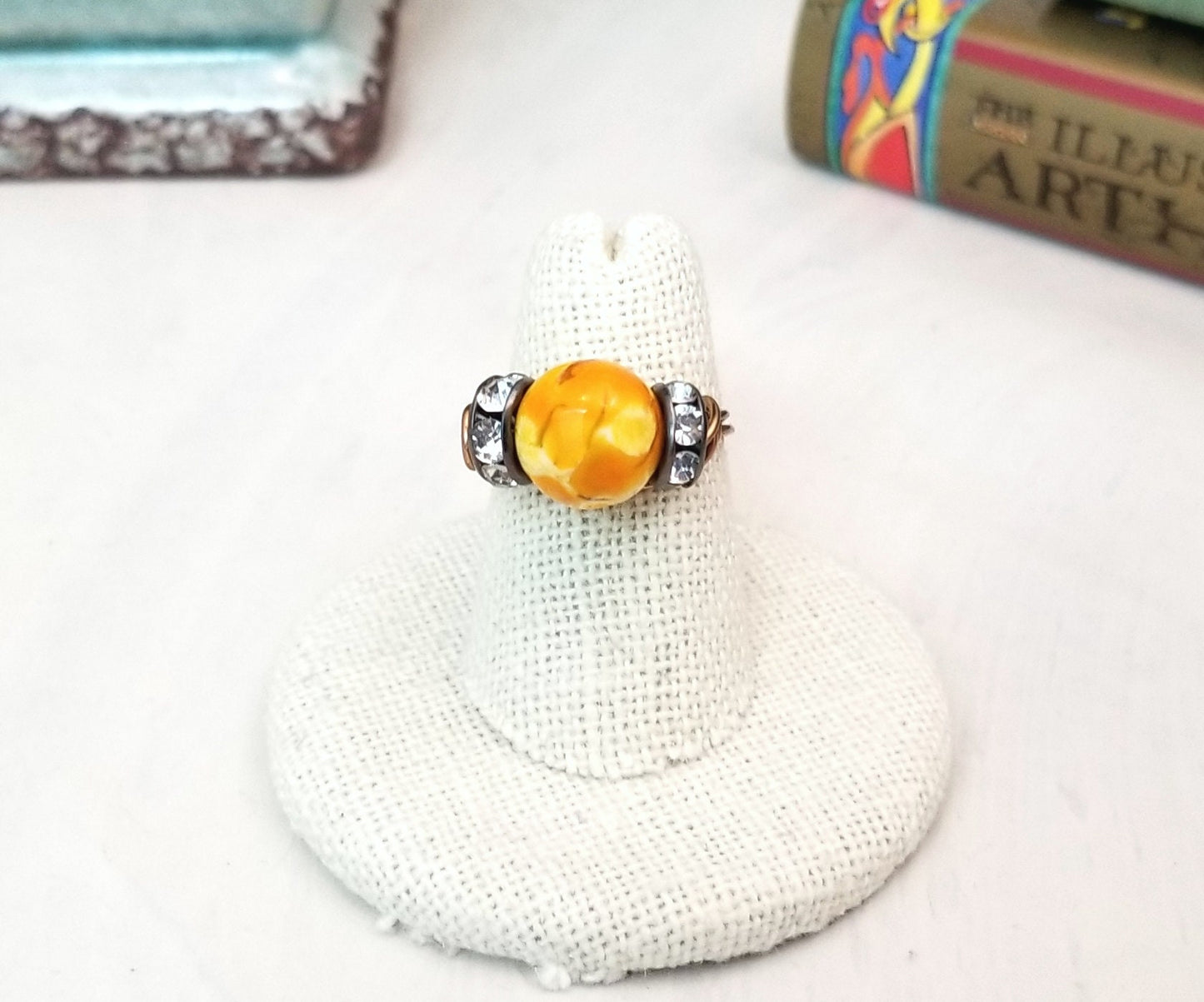 Wire Ring in Yellow Agate with Rhinestones, Fairy Tale, Renaissance, Medieval, Choice of Colors and Metals