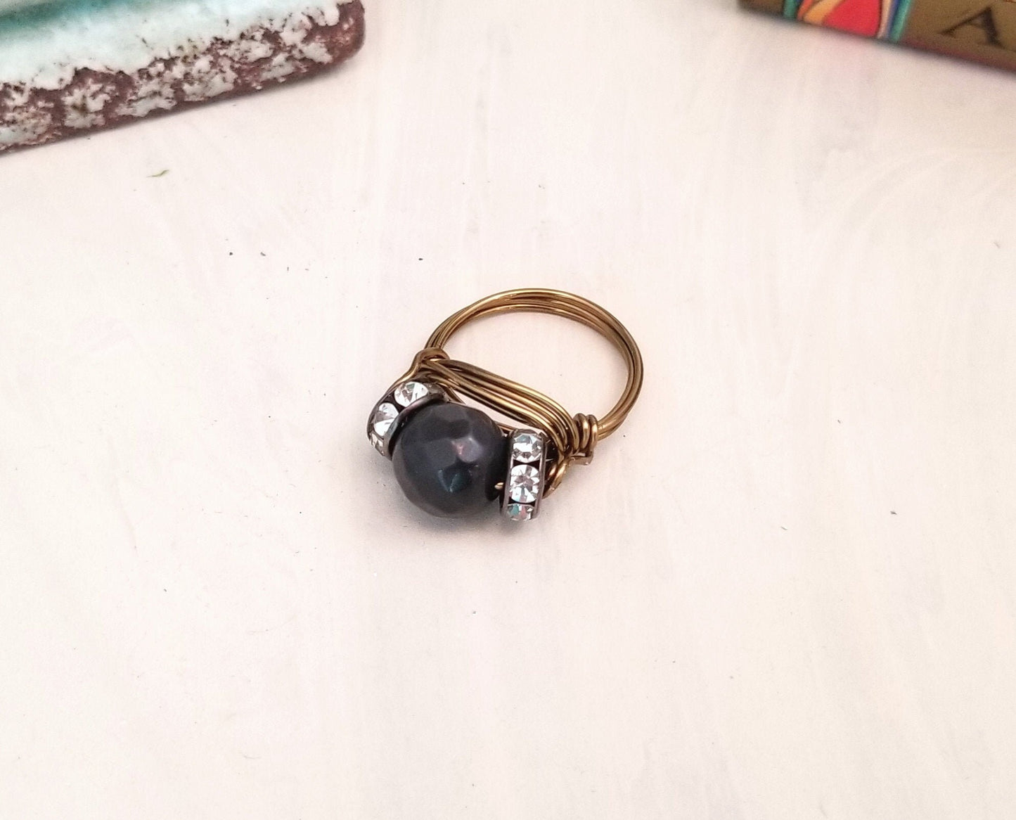 Wire Ring in Black with Rhinestones, Fairy Tale, Renaissance, Medieval, Choice of Colors and Metals